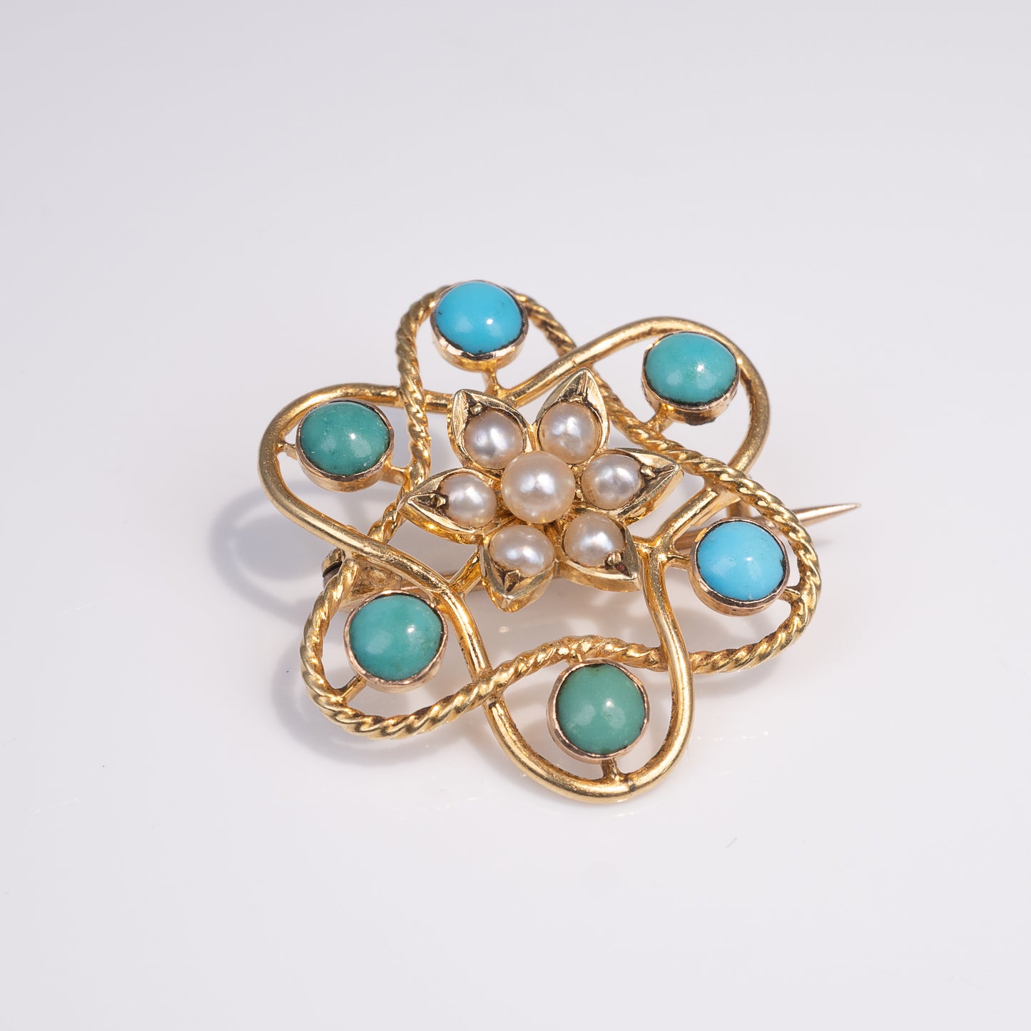 Antique 15ct Gold Turquoise Pearl Flower Brooch Pin-Brooches & Lapel Pins-Hunters Fine Jewellery