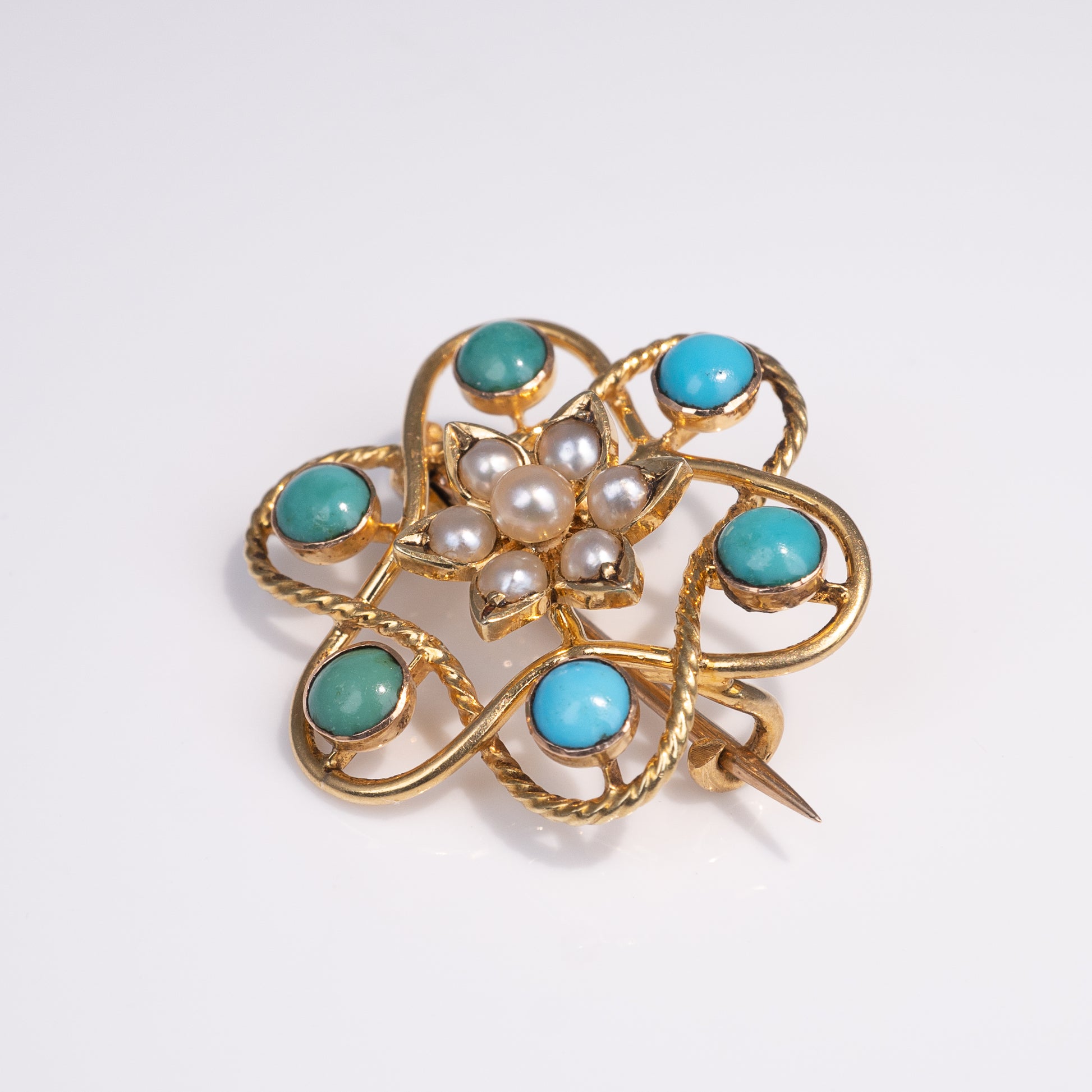 Antique 15ct Gold Turquoise Pearl Flower Brooch Pin-Brooches & Lapel Pins-Hunters Fine Jewellery