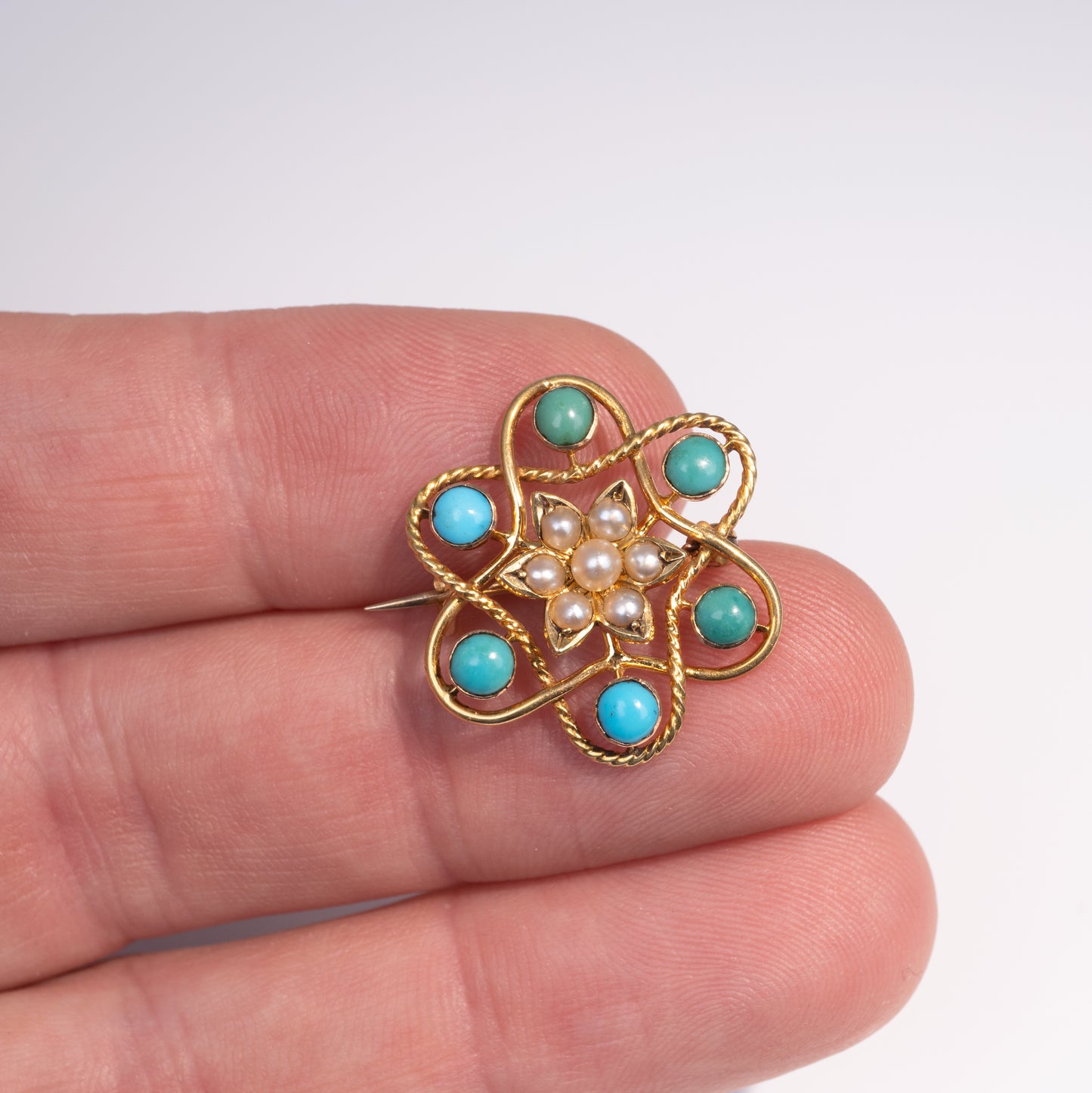 Antique 15ct Gold Turquoise Pearl Flower Brooch Pin-Brooches & Lapel Pins-Hunters Fine Jewellery