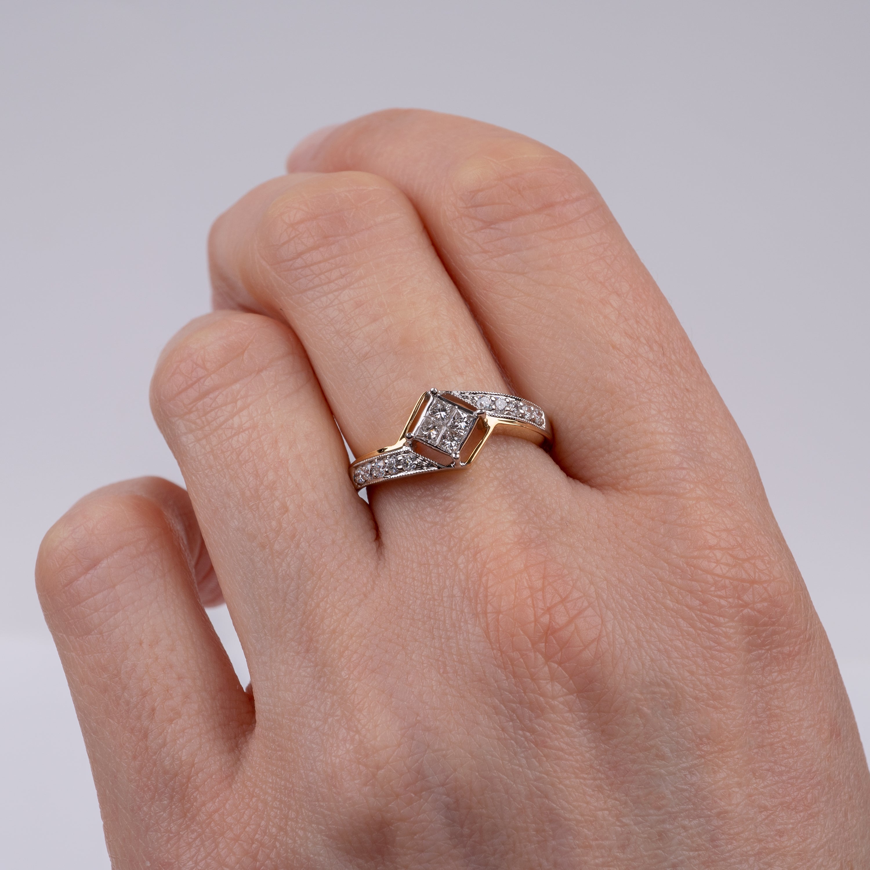Three Stone Ring/Dress Ring/Engagement Ring for women in 18ct white gold  with princess cut diamonds in an invisible setting