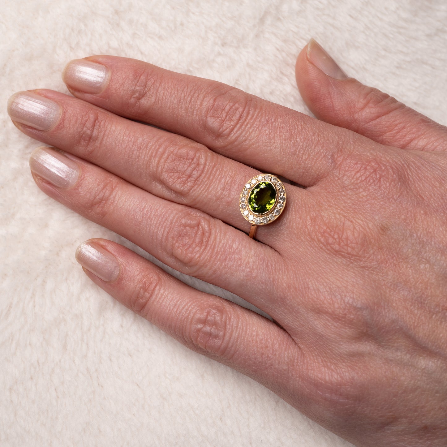 Green Tourmaline & Diamond Oval Halo Ring 18k Gold-Gemstone Rings-Hunters Fine Jewellery