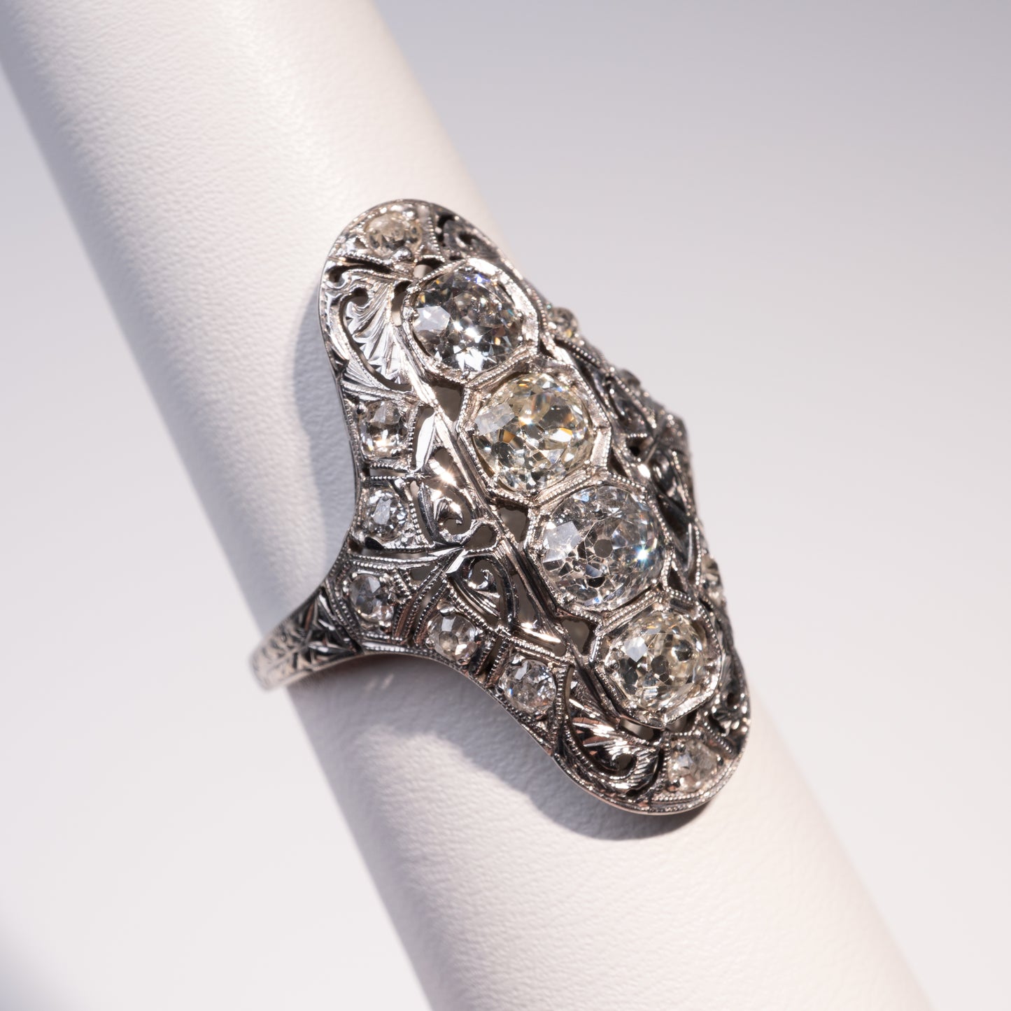 18ct Gold Art Deco 4 Carat Old Cut Diamond Ring with Filigree Detail-Diamond Rings-Hunters Fine Jewellery