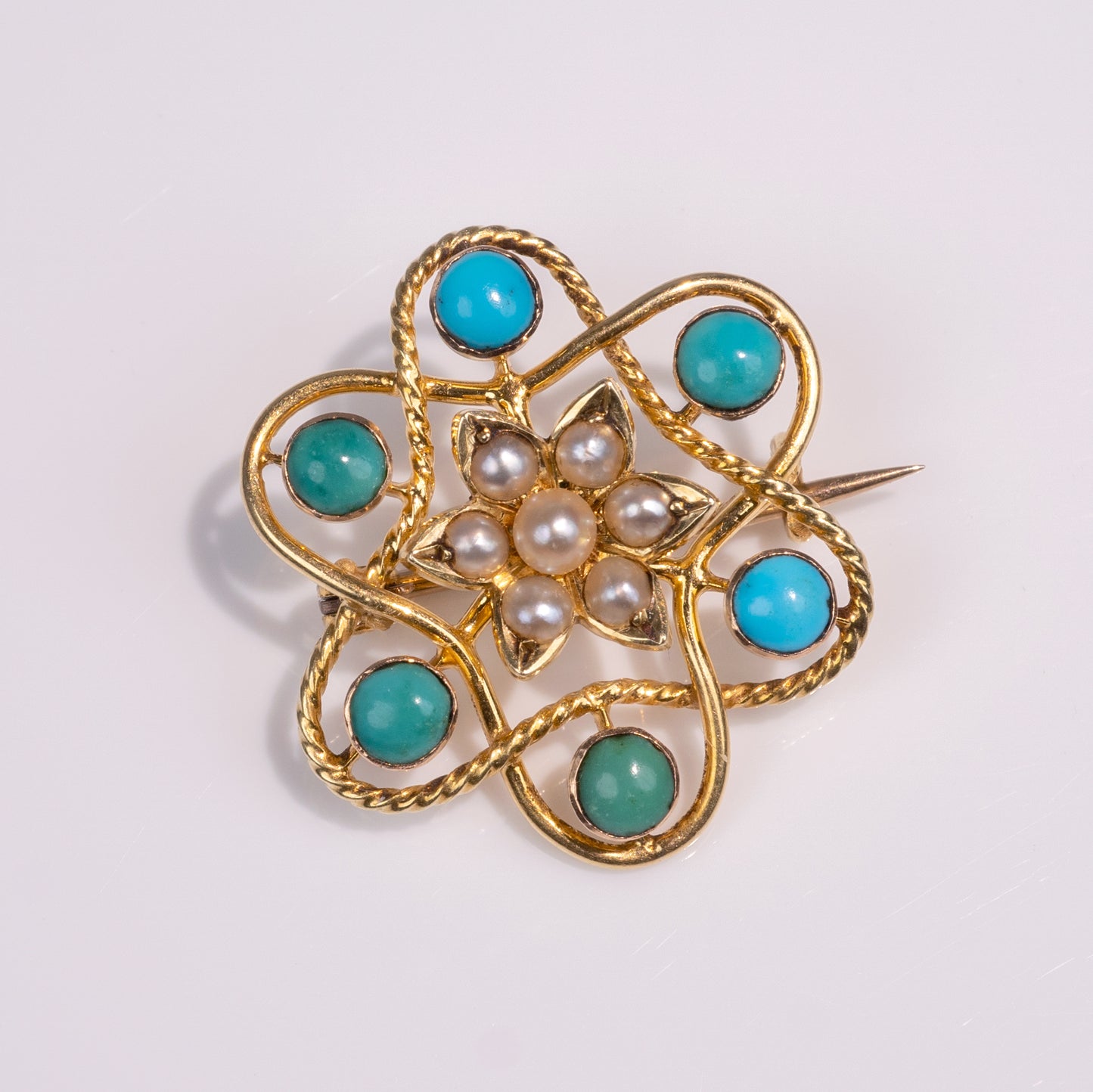 Antique 15ct Gold Turquoise Pearl Flower Brooch Pin-Brooches & Lapel Pins-Hunters Fine Jewellery