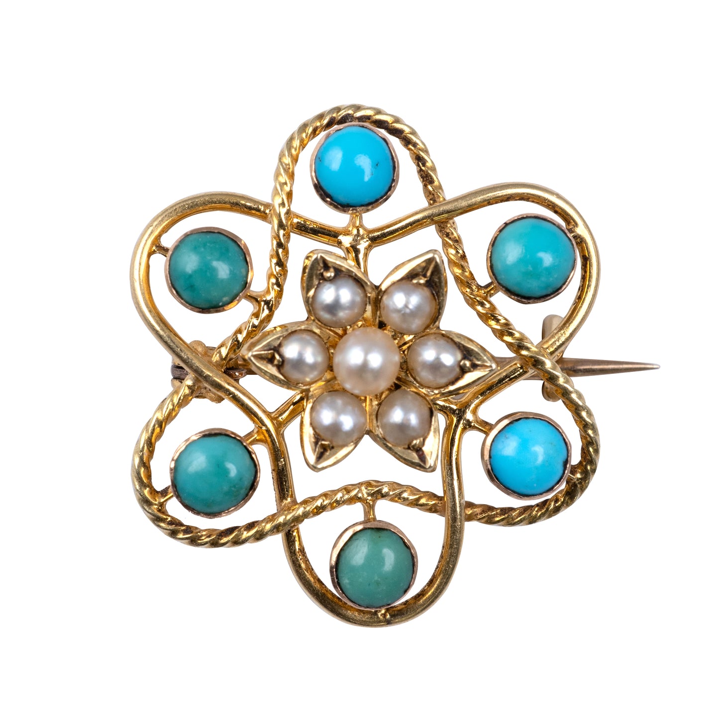 Antique 15ct Gold Turquoise Pearl Flower Brooch Pin-Brooches & Lapel Pins-Hunters Fine Jewellery