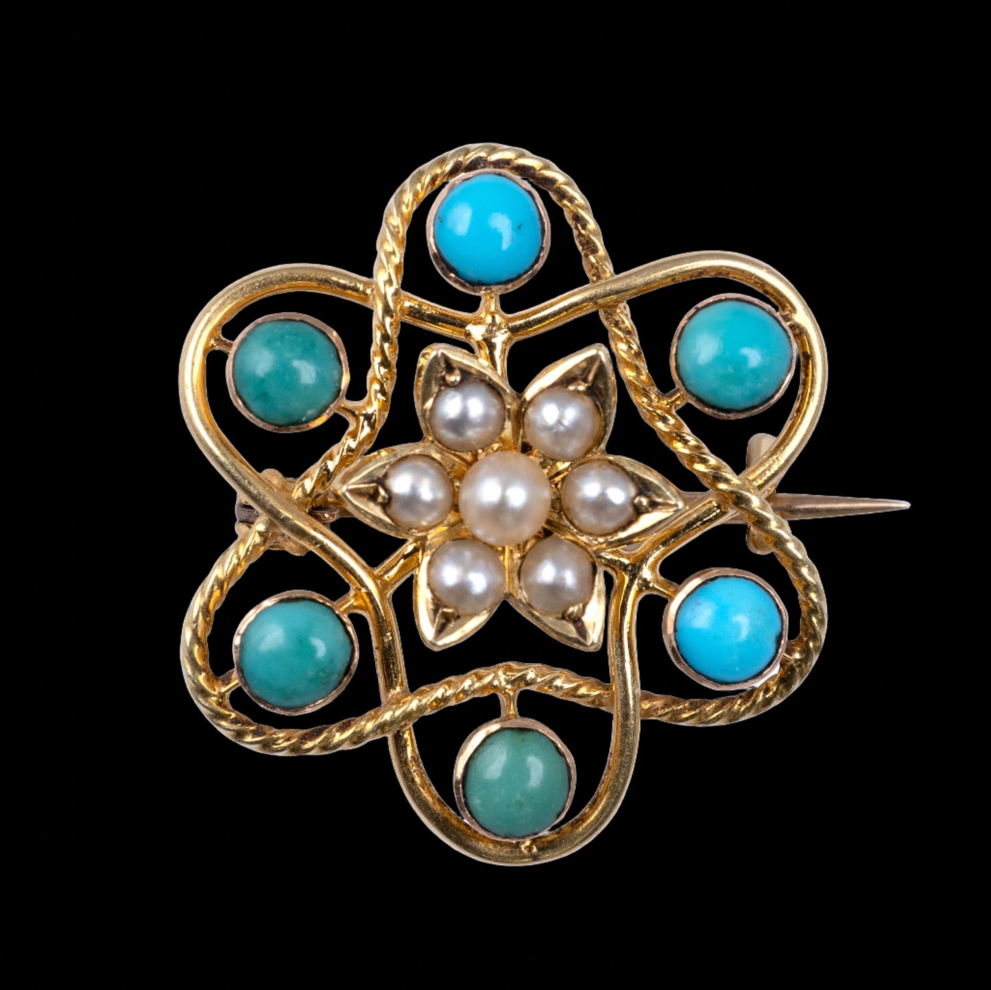 Antique 15ct Gold Turquoise Pearl Flower Brooch Pin-Brooches & Lapel Pins-Hunters Fine Jewellery