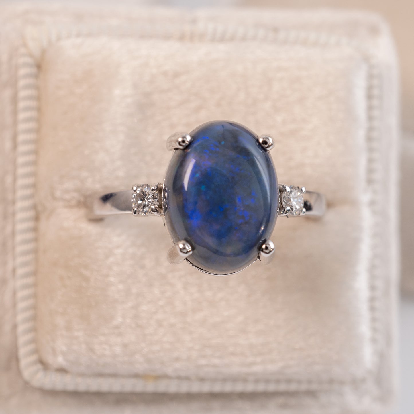 Australian Blue Opal & Diamond Ring 18K White Gold-Gemstone Rings-Hunters Fine Jewellery