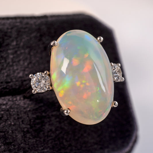Bespoke Opal Diamond Three Stone Ring 18K White Gold-Gemstone Rings-Hunters Fine Jewellery