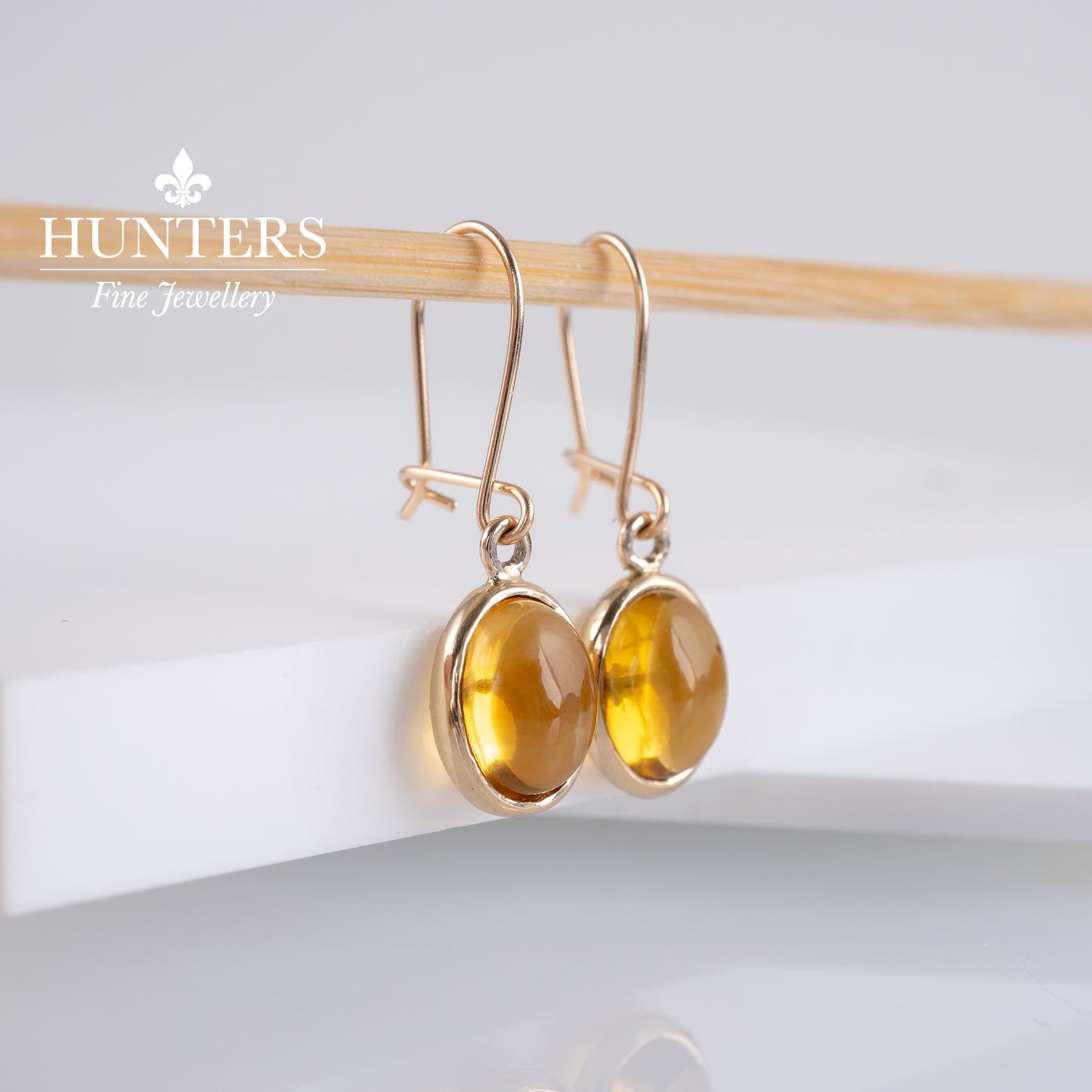 Citrine Oval Cabochon Dangle Hook Wire Earrings 9k Gold Hallmarked-Gemstone Earrings-Hunters Fine Jewellery