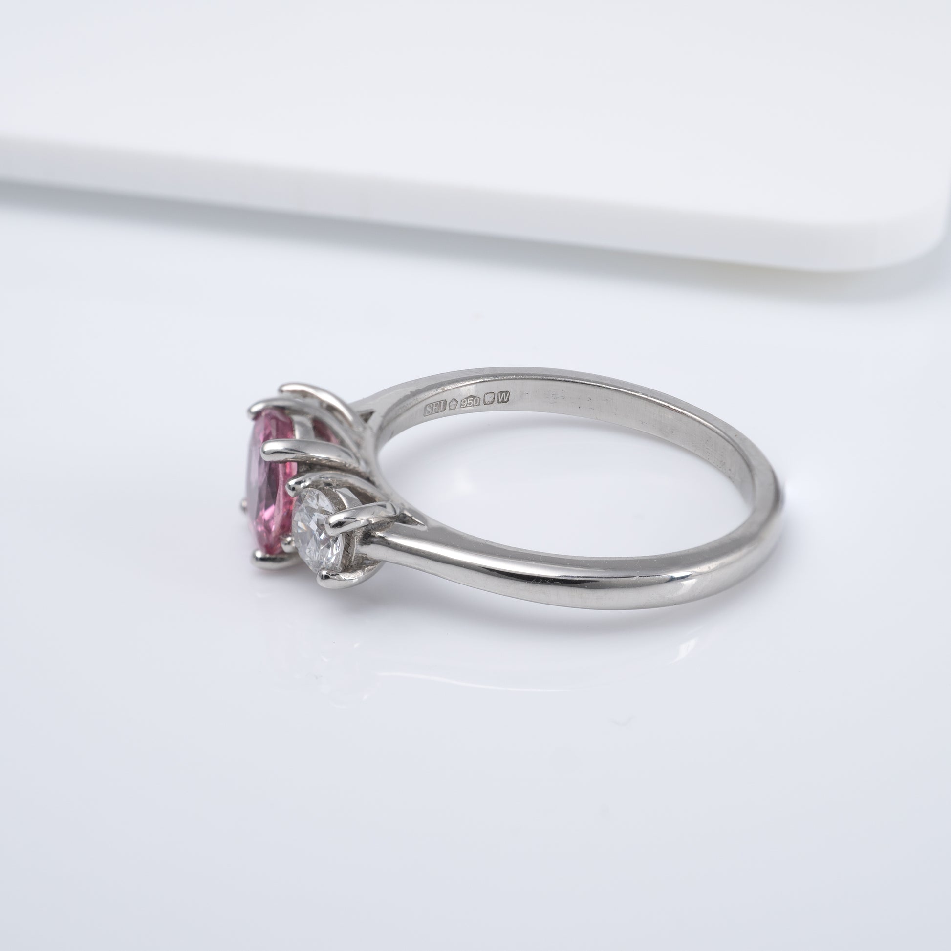 Pink Padparadscha Sapphire & Diamond Platinum Three Stone Ring - Hunters Fine Jewellery