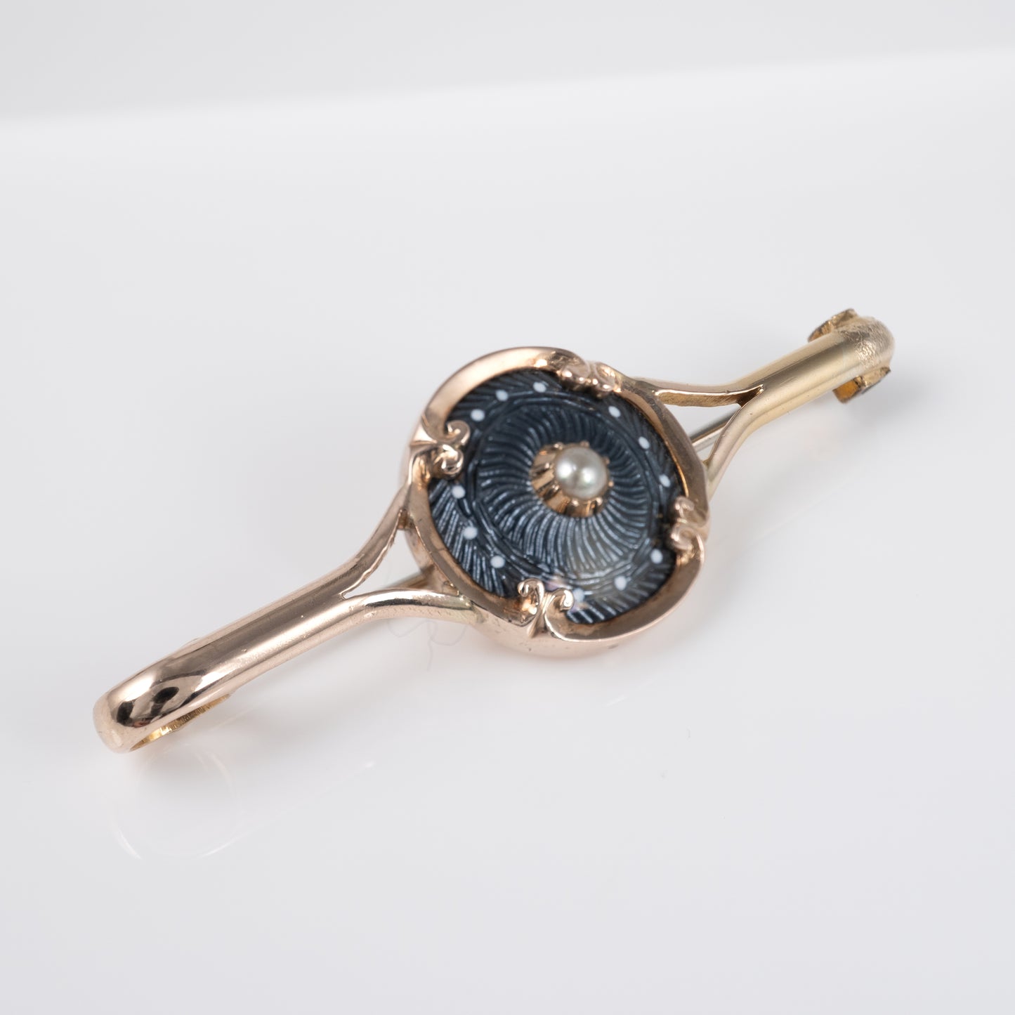 Antique 9ct Gold Guilloché Enamel Pearl Brooch Pin Circa 1920s - Hunters Fine Jewellery
