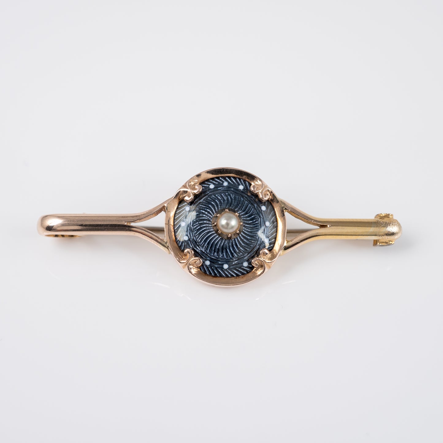 Antique 9ct Gold Guilloché Enamel Pearl Brooch Pin Circa 1920s - Hunters Fine Jewellery
