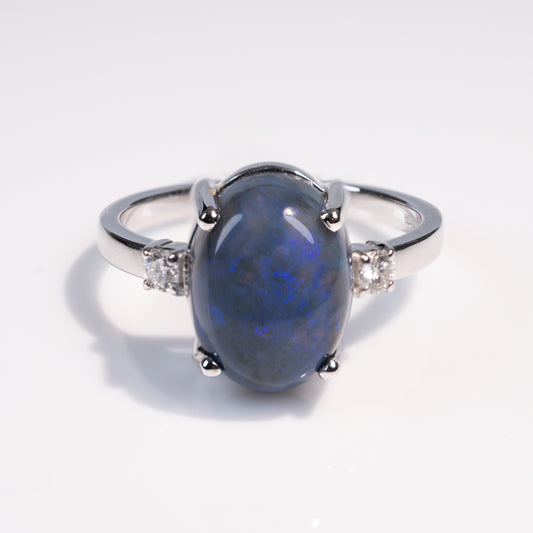 Australian Blue Opal & Diamond Ring 18K White Gold-Gemstone Rings-Hunters Fine Jewellery