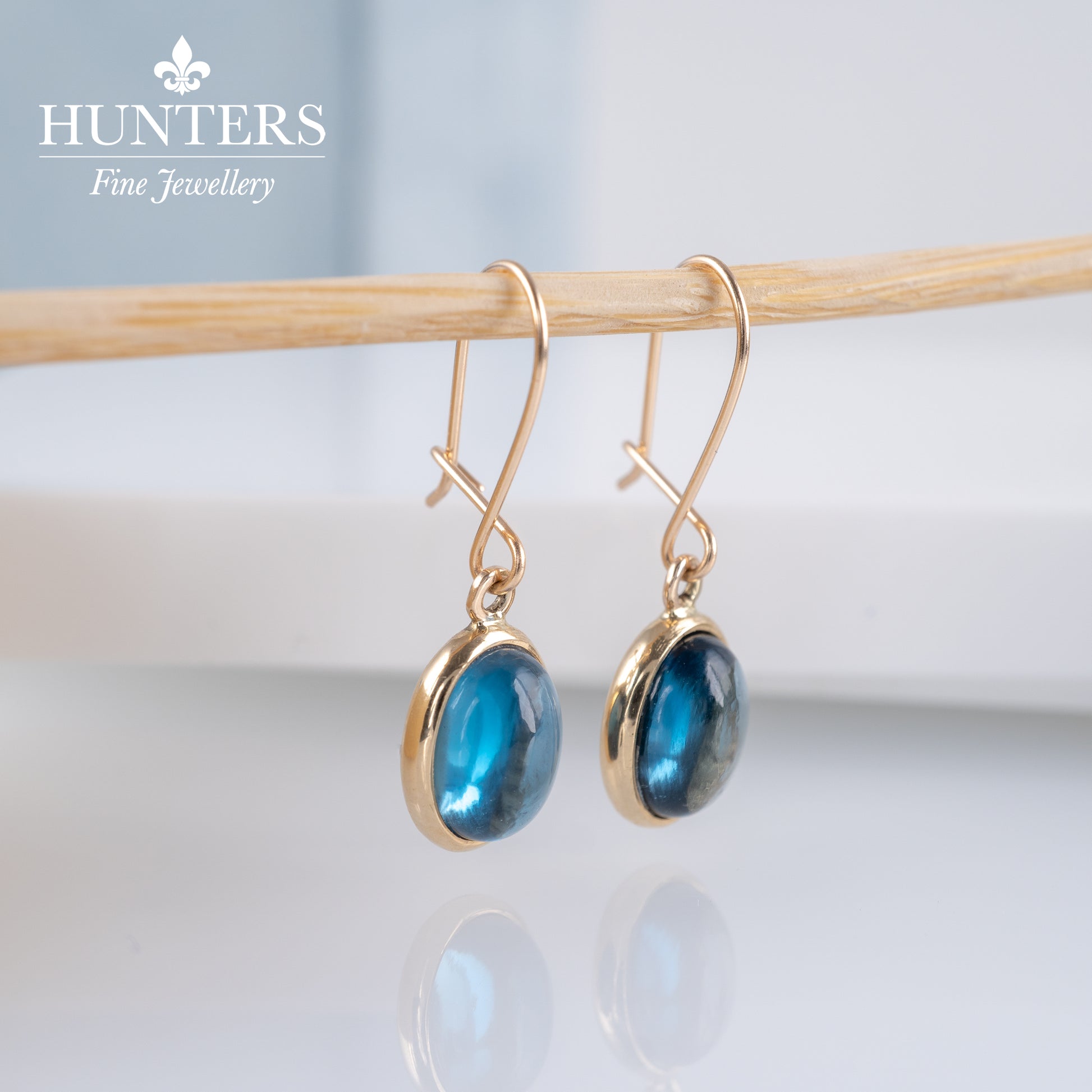 London Blue Topaz Oval Cabochon Dangle Hook Wire Earrings-Gemstone Earrings-Hunters Fine Jewellery