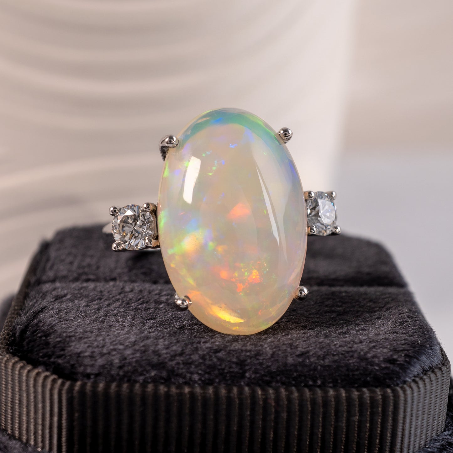 Bespoke Opal Diamond Three Stone Ring 18K White Gold-Gemstone Rings-Hunters Fine Jewellery