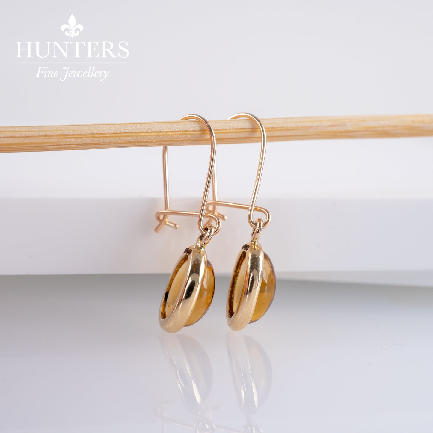 Citrine Oval Cabochon Dangle Hook Wire Earrings 9k Gold Hallmarked-Gemstone Earrings-Hunters Fine Jewellery