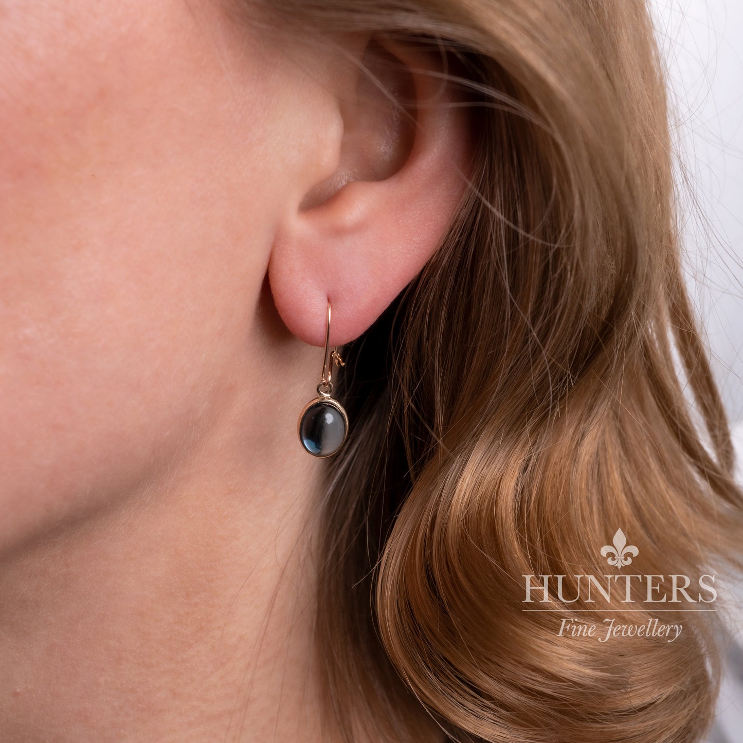 London Blue Topaz Oval Cabochon Dangle Hook Wire Earrings-Gemstone Earrings-Hunters Fine Jewellery