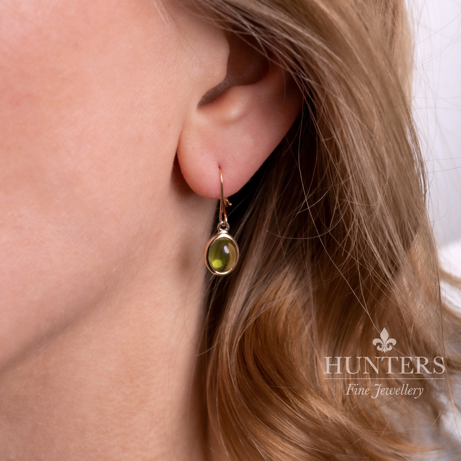Natural Peridot Oval Cabochon Dangle Earrings 9k Yellow Gold-Gemstone Earrings-Hunters Fine Jewellery