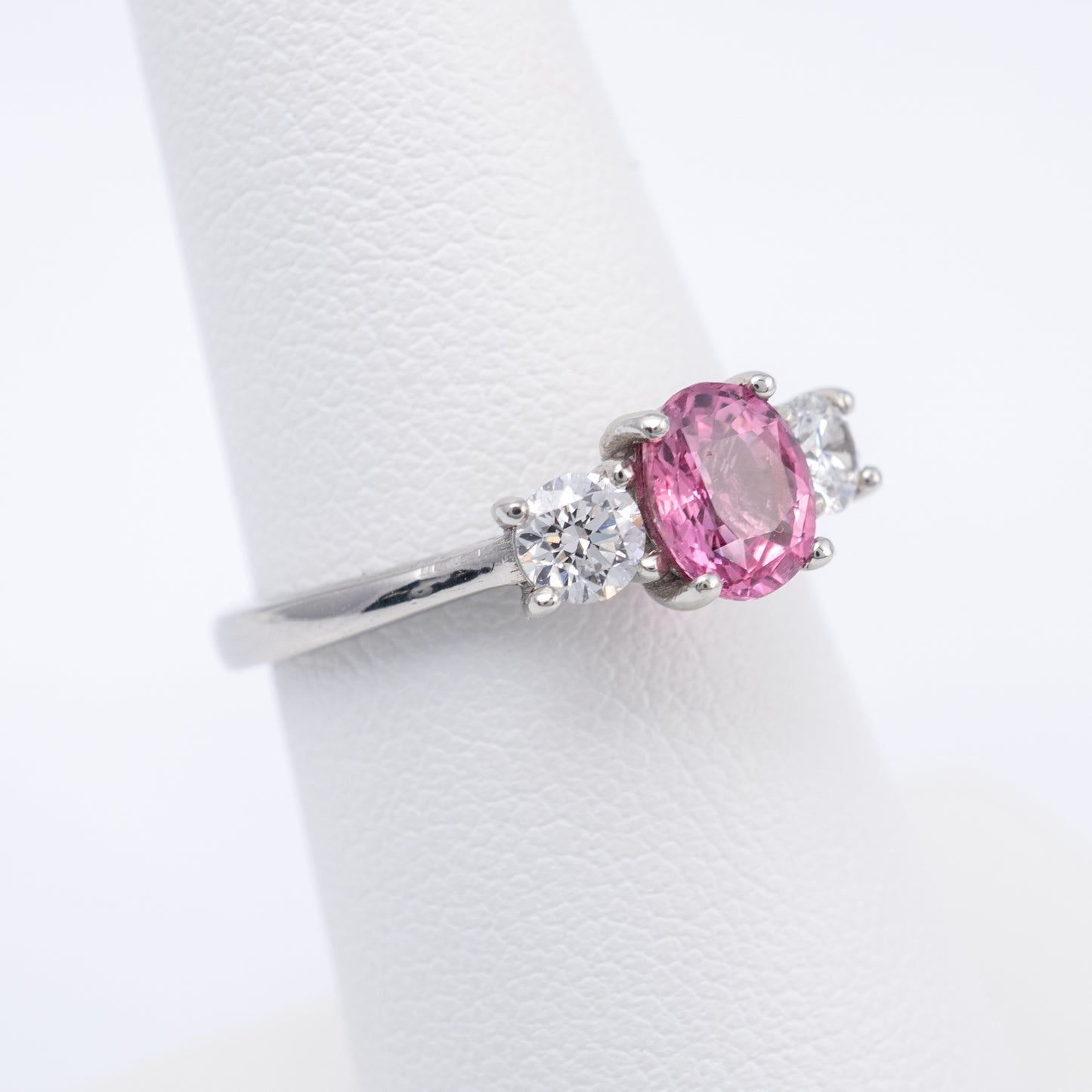 Pink Padparadscha Sapphire & Diamond Platinum Three Stone Ring