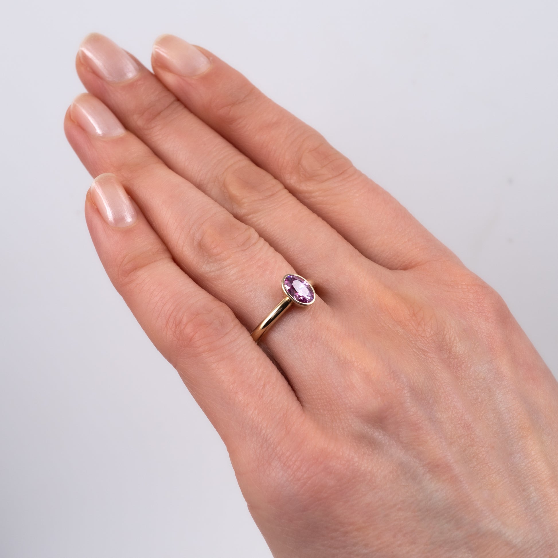9ct Yellow Gold Pink Moissanite Oval Bezel Solitaire Ring - Hunters Fine Jewellery
